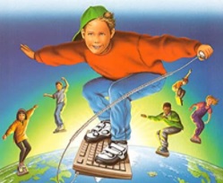 Hyper-realistic picture of me riding a keyboard above planet earth.